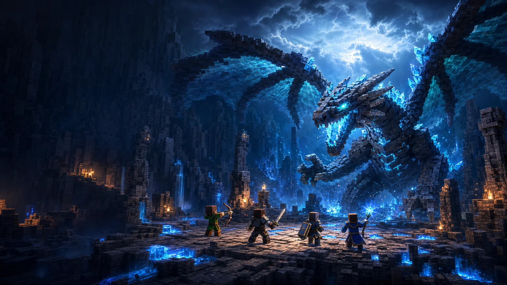 Four adventurers face a colossal stone-and-crystal dragon in a storm-lit ruined arena