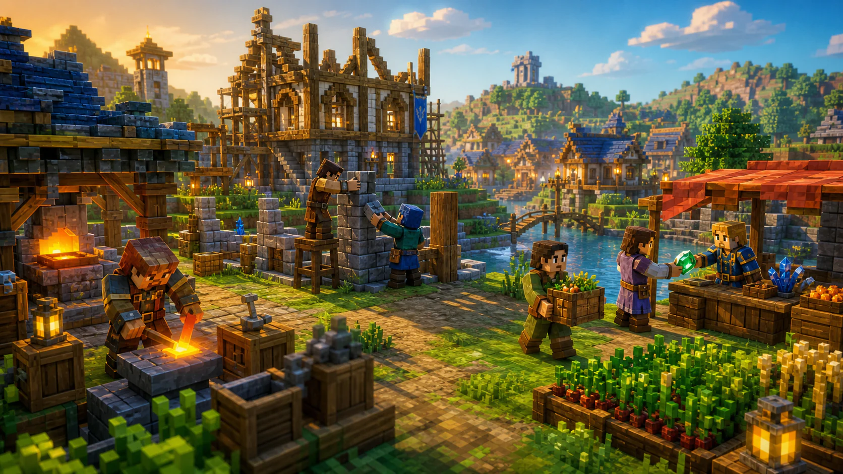 Players forge equipment, build a stone hall, harvest crops, and trade in a riverside settlement