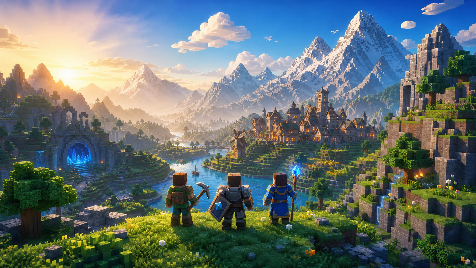 Three block-built adventurers overlook a river valley, mountain city, ruins, and glowing cavern
