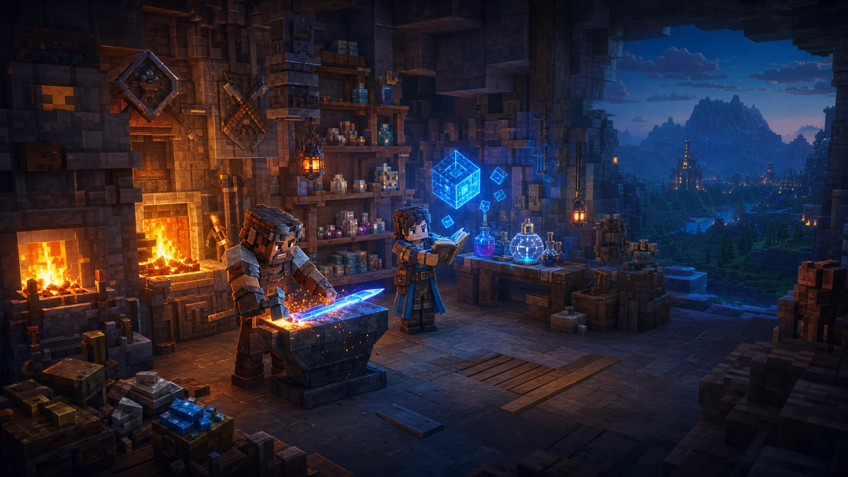 A master crafter forges a glowing sword while another adventurer studies blue magic in a mountain workshop